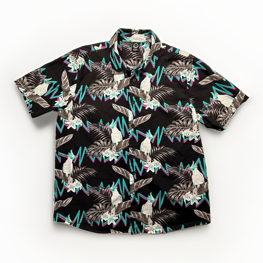 Neff Tropical Cockatoo Button Up Shirt Medium Black Cotton Hawaiian Floral